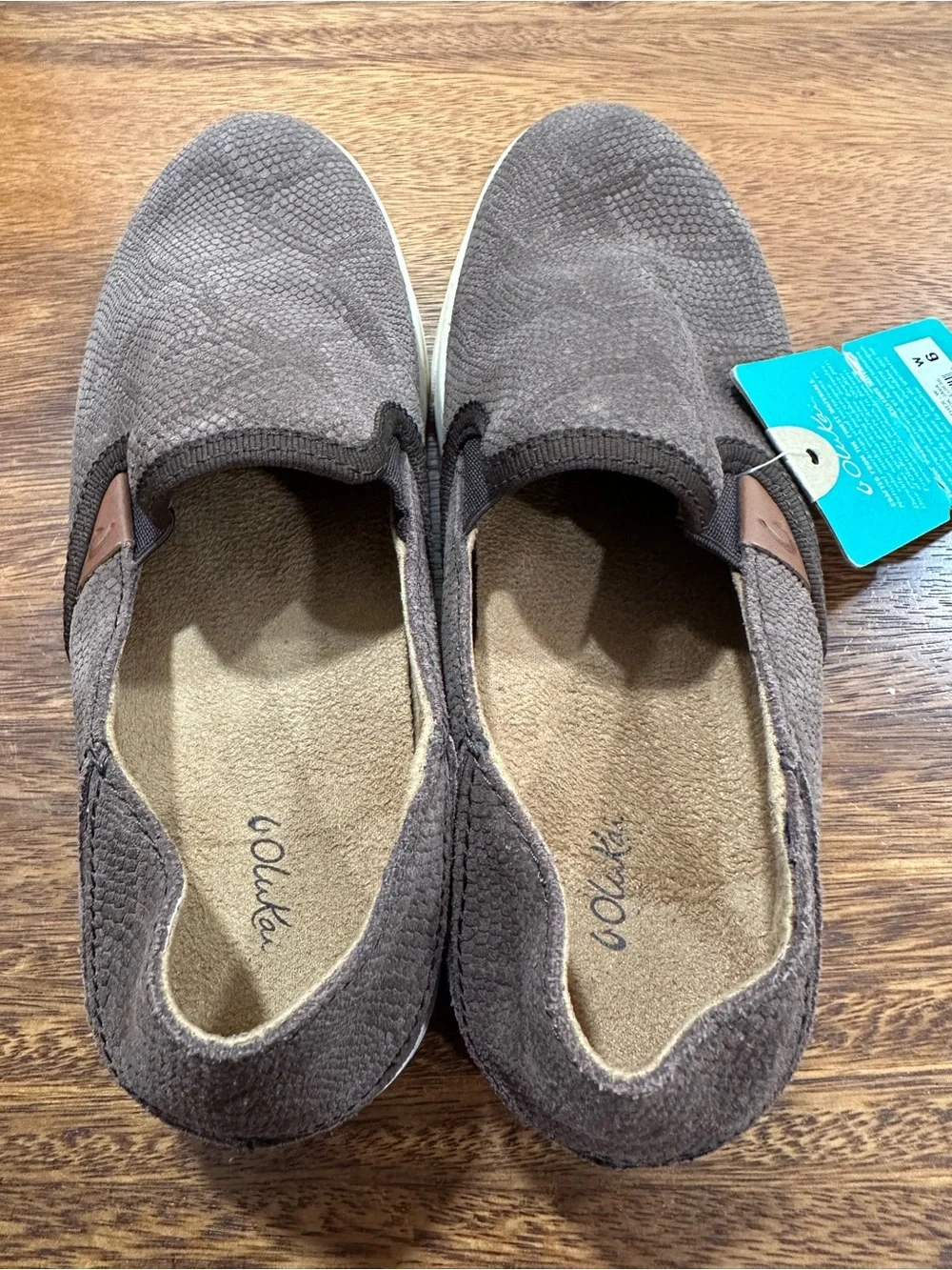 Olukai Pehuea Leather Dk Java Slip On ‘Clay Snake’ Sneakers  Womens Sz 6 BNWT DS